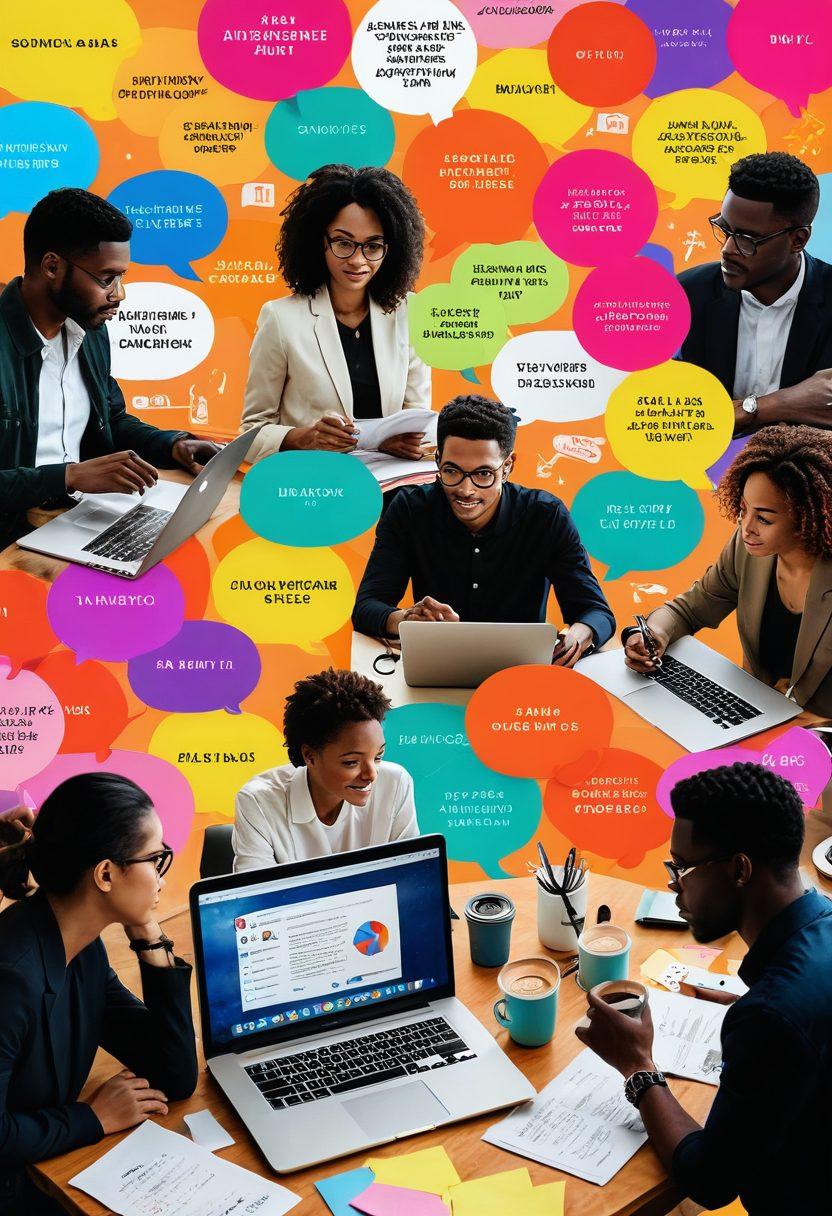 A vibrant, engaging collage showcasing Rsvlt Insights, featuring an open laptop with articles on the screen, surrounded by thought bubbles representing discussions and ideas. Include a diverse group of people brainstorming around a table with colorful notes and a cup of coffee. Bright and inviting atmosphere with elements of modern technology. super-realistic. vibrant colors.